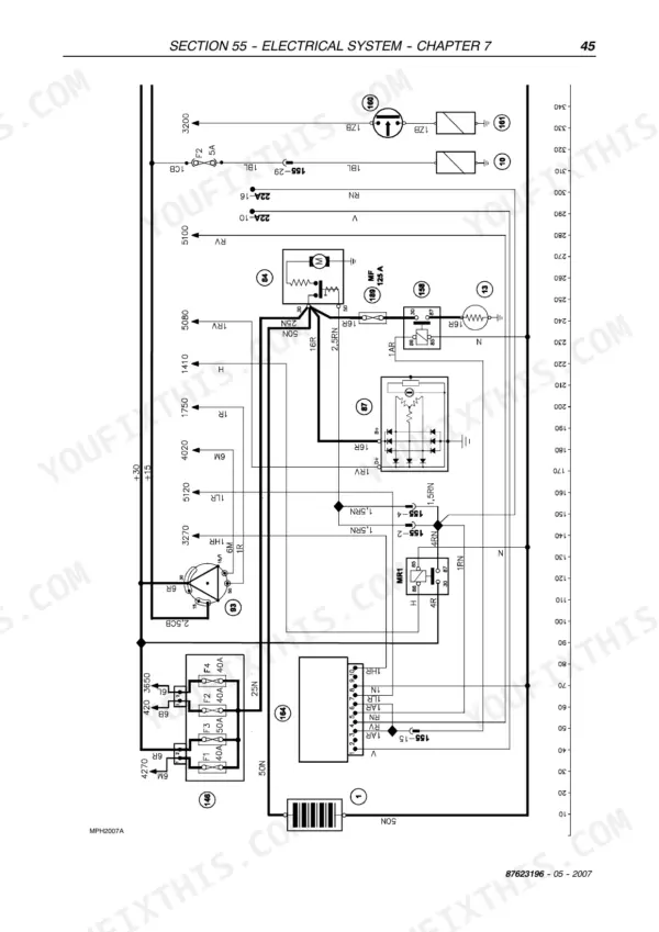 Case JX1070U, JX1080U, JX1090U, JX1100U electrical system wiring diagram showing alternator, starter motor, and fuse box.