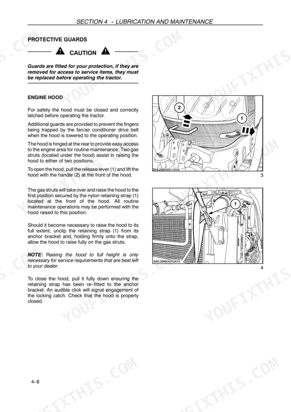 Case MAXXUM 110-140 Tractors: Engine hood opening, gas strut, and retaining strap maintenance procedures and diagrams.