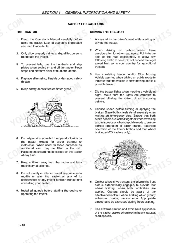 Case MAXXUM 110-140 Pro Tractors safety precautions for tractor operation, driving on roads, and braking procedures.
