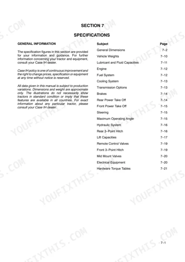 Case MAXXUM 110-140 Tractors Section 7 Specifications table of contents listing dimensions, weights, and system capacities.