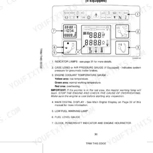 Case MX80C, MX90C, MX100C deluxe digital instrument cluster diagram and component identification list.