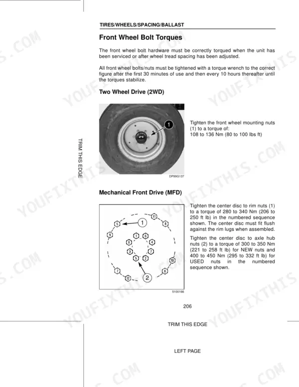 Case MX80C, MX90C, MX100C front wheel bolt torque specifications, 2WD and MFD tightening sequences and values.