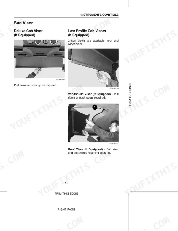 Case MX80C, MX90C, MX100C operator manual instructions for operating deluxe and low profile cab sun visors.
