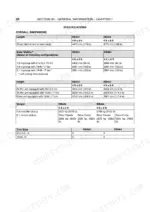 Case RB454, RB464 specifications table showing overall dimensions, baler widths, height, weight, and tire size configurations.