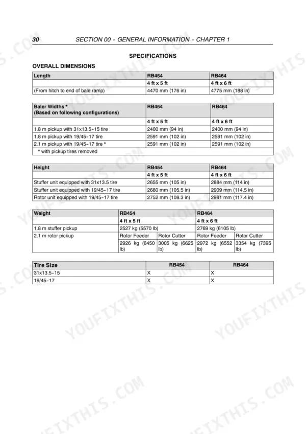 Case RB454, RB464 specifications table showing overall dimensions, baler widths, height, weight, and tire size configurations.