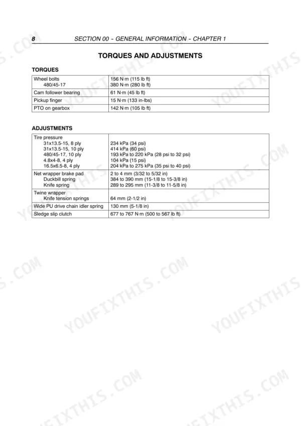 Case RB454, RB464 service manual page showing torque specifications and adjustment settings for tires, twine, and clutch.
