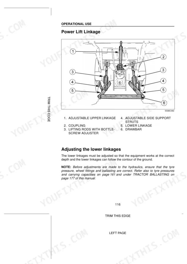 Case-steyr CS78, CS78a, CS86a, CS94a power lift linkage diagram and lower linkage adjustment procedure.