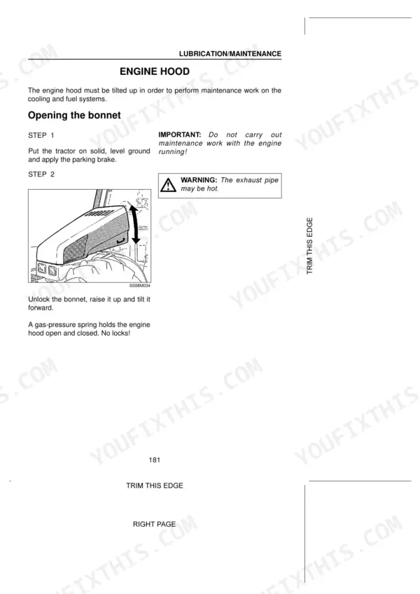 Case-steyr CS78, CS78a, CS86a, CS94a maintenance manual page showing procedure for opening the engine hood bonnet.