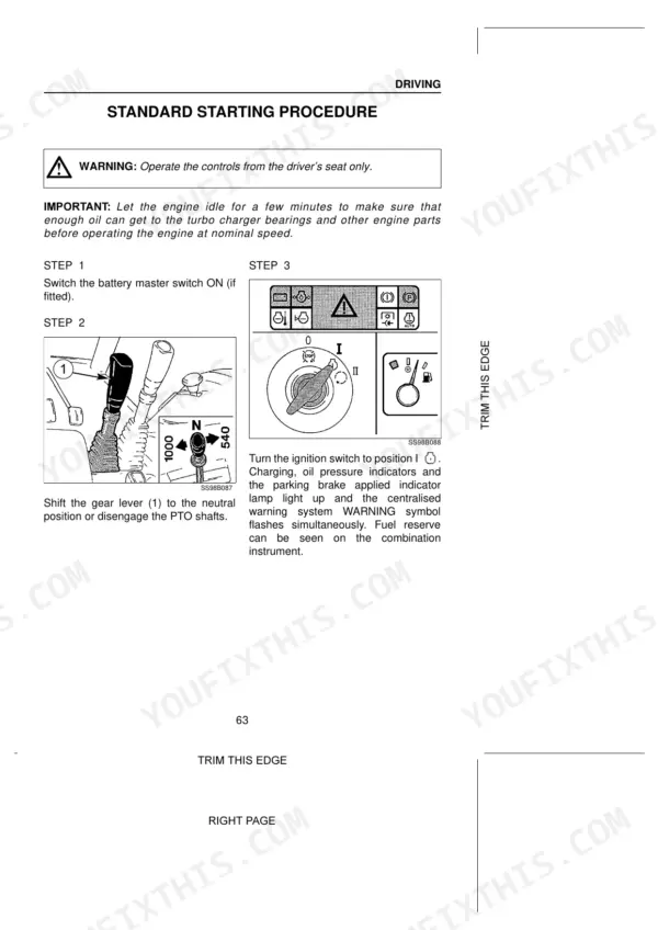 Case-steyr CS78, CS78a, CS86a, CS94a standard starting procedure, gear lever, PTO, and ignition switch diagrams.