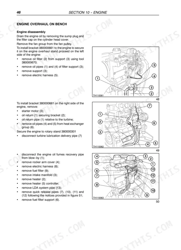 Case TX130, TX140, TX170 engine overhaul on bench disassembly procedures with component diagrams for oil and fuel systems.