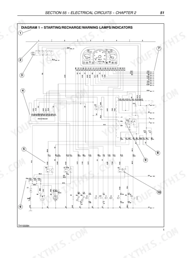 Case TX130, TX140, TX170 electrical wiring diagram for starting, recharge, and warning lamps indicators.