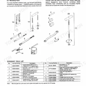 Yanmar 2TM, 3TM, 4TM workshop tools list and diagrams for engine disassembly and reassembly procedures.