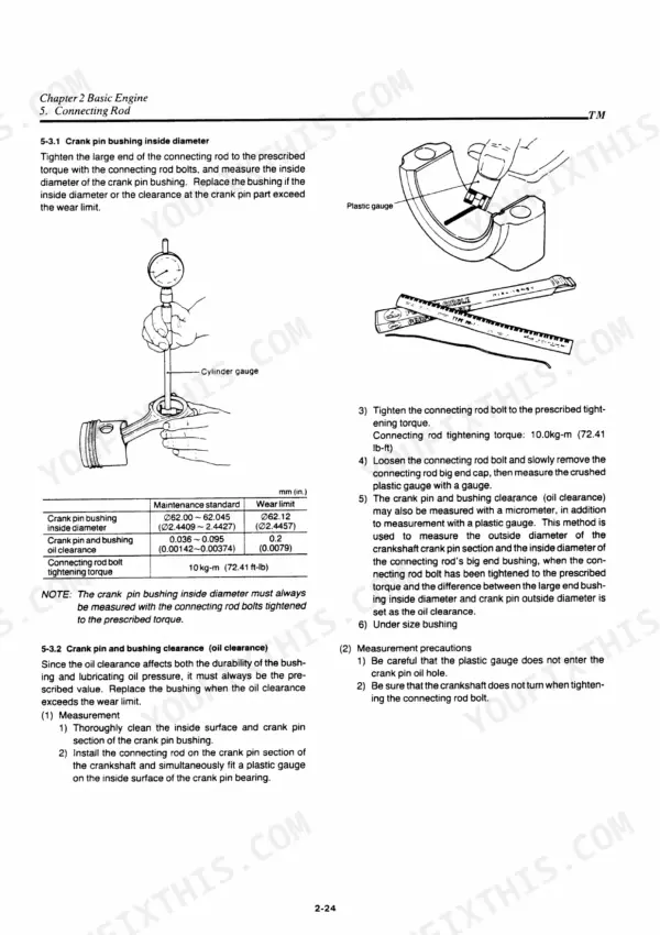 Yanmar 2TM, 3TM, 4TM connecting rod crank pin bushing clearance and oil clearance measurement procedures and specifications.