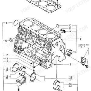 Yanmar 4TNE88-EBVC, 4TNE88-EBVC(S4140,60), Y00B6520 exploded view diagram of the engine cylinder block assembly.