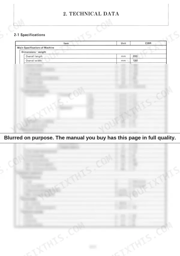 Yanmar C20R, 3TNA72L series technical data table showing machine dimensions, traveling performance, and hydraulic specs.