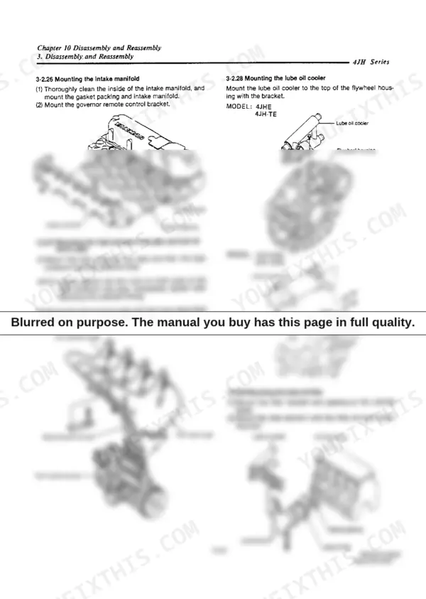 Yanmar 4JH2E, 4JH2-TE, 4JH2-HTE, 4JH2-DTE, 4JH2-UTE manual: diagrams for mounting intake manifold, fuel pipes, oil cooler, and filter.