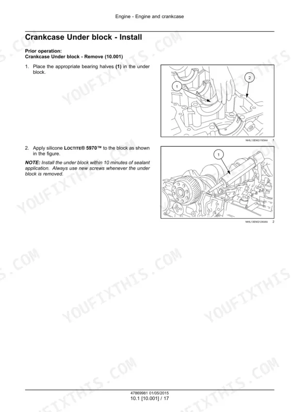 CNH Industrial Cursor 13, F3HFE613 series engine manual: Crankcase under block installation procedure with bearing and sealant diagrams.