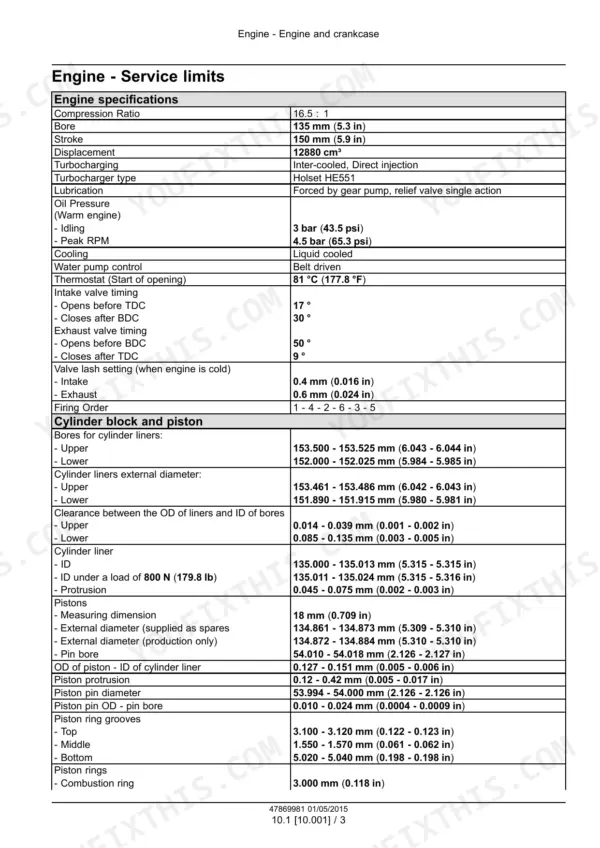 CNH Industrial Cursor 13 engine service limits table showing specifications for cylinder block, piston, and valve timing clearances.