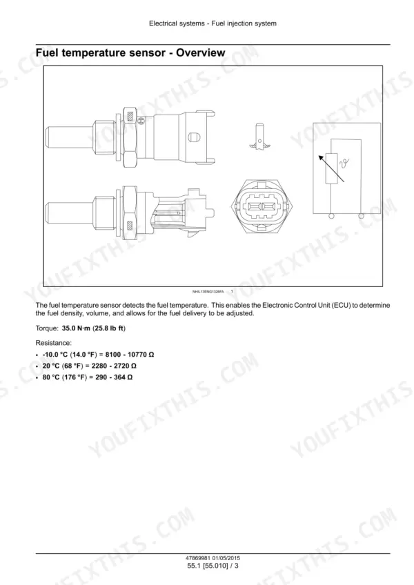 CNH Industrial Cursor 13, Cursor 13 Single Stage Turbocharger Tier 4B (final) and Stage IV Engine, F3HFE613A*B003, F3HFE613B*B001, F3HFE613B*B002, F3HFE613D*B001, F3HFE613D*B002, F3HFE613G*B001, F3HFE613G*B002 fuel temperature sensor diagram, torque, and resistance values.