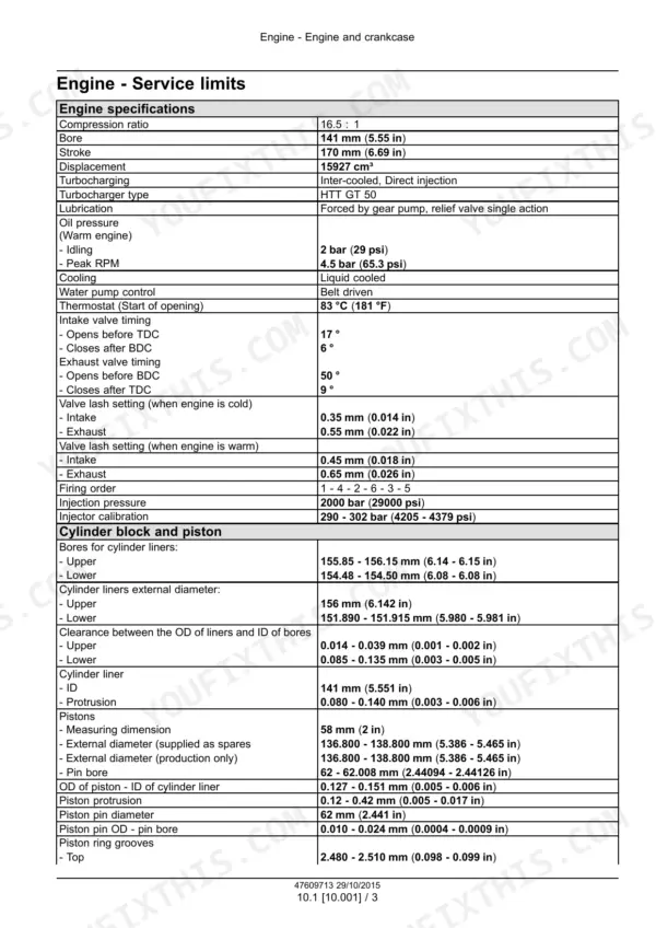 CNH Industrial Cursor® 16 SST Tier 4B (final) and Stage IV Engine service manual engine and cylinder block specifications.