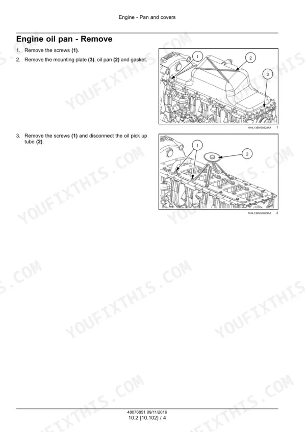 CNH Cursor 9 Engine oil pan removal procedure with diagrams showing oil pan and pick up tube component removal.