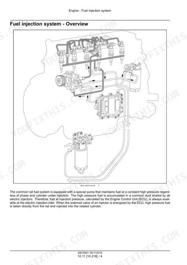 Cursor 9 Engine fuel injection system overview diagram showing common rail, pump, ECU, and fuel filter components.