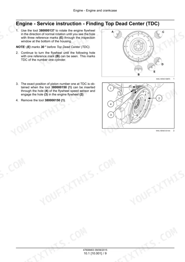 CNH Industrial F3GFE613A*B001, F3GFE613B*B001, Cursor 11 procedure for finding Top Dead Center using flywheel tools.