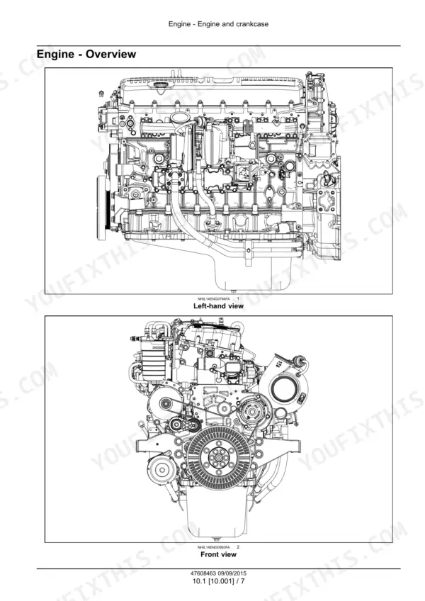 CNH Industrial F3GFE613A*B001, F3GFE613B*B001, Cursor 11 engine overview diagrams showing left-hand and front views.