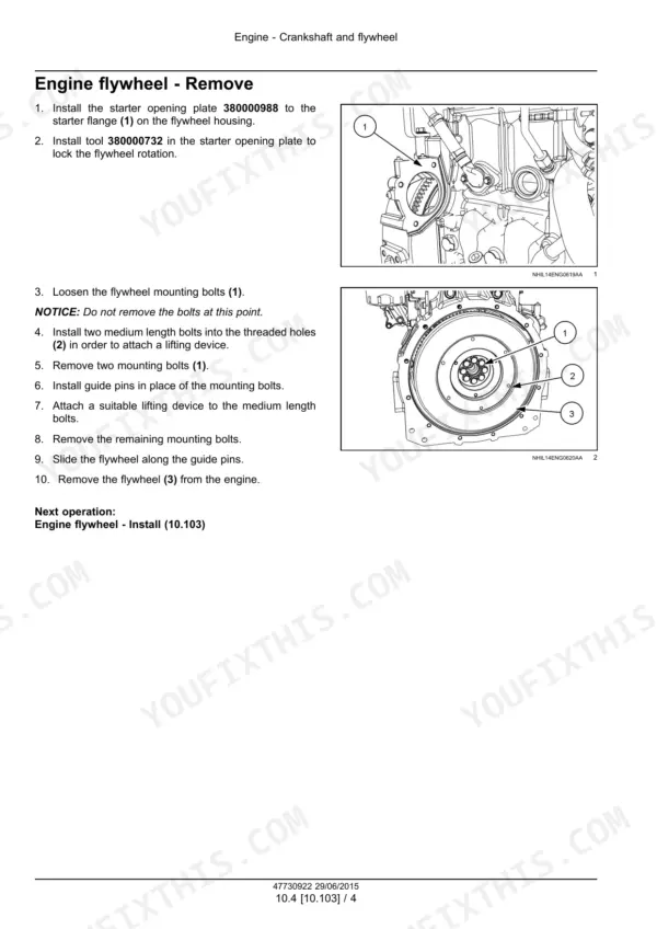 CNH Industrial F5BFL413A*B001... Engine flywheel removal procedure with diagrams showing starter plate and mounting bolts.