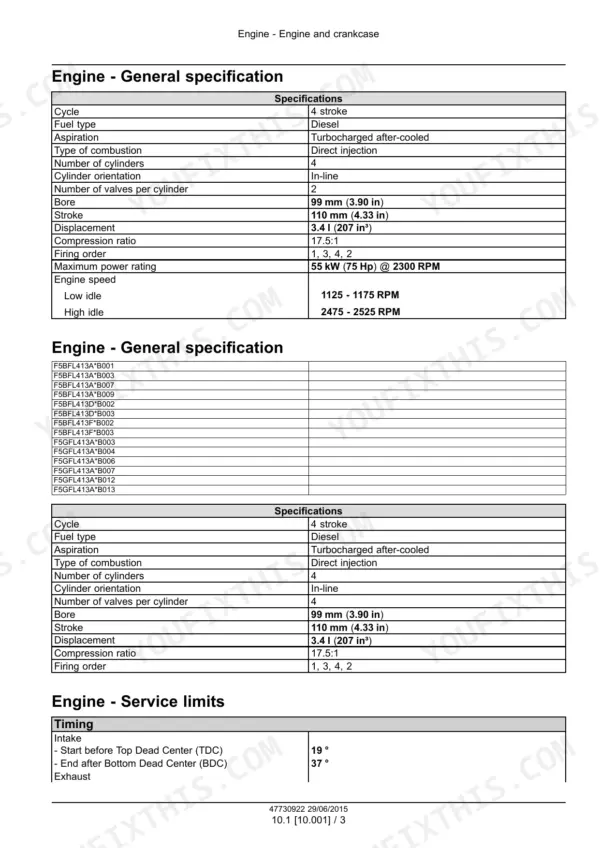 CNH Industrial F5BFL413A*B001...F5HFL463D*F006 engine general specifications, bore, stroke, and timing service limits table.