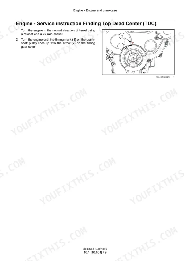 CNH Industrial L3C19-T1, L3C19-T2, L3C19-T3, L3C19-T4, L3C19-T5 engine service procedure for finding Top Dead Center (TDC).