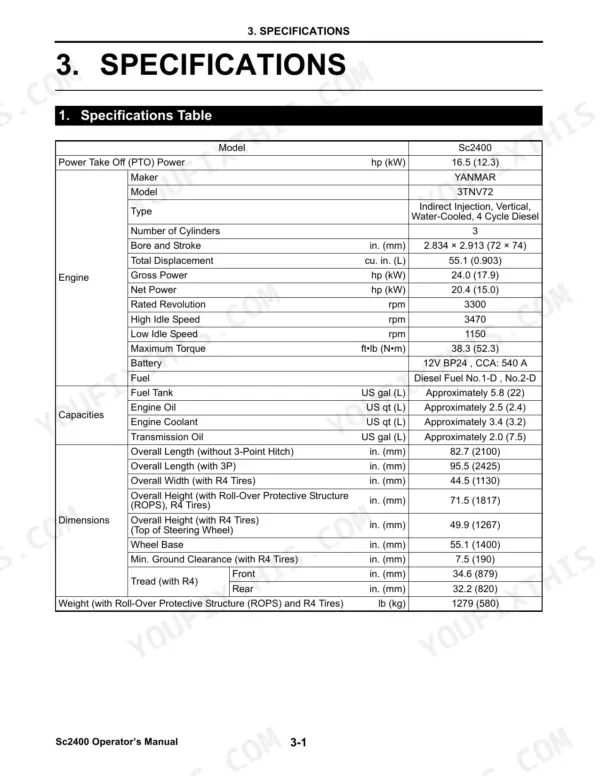 Cub Cadet Yanmar Sc2400 specifications table listing engine, capacity, and dimension data for the tractor.