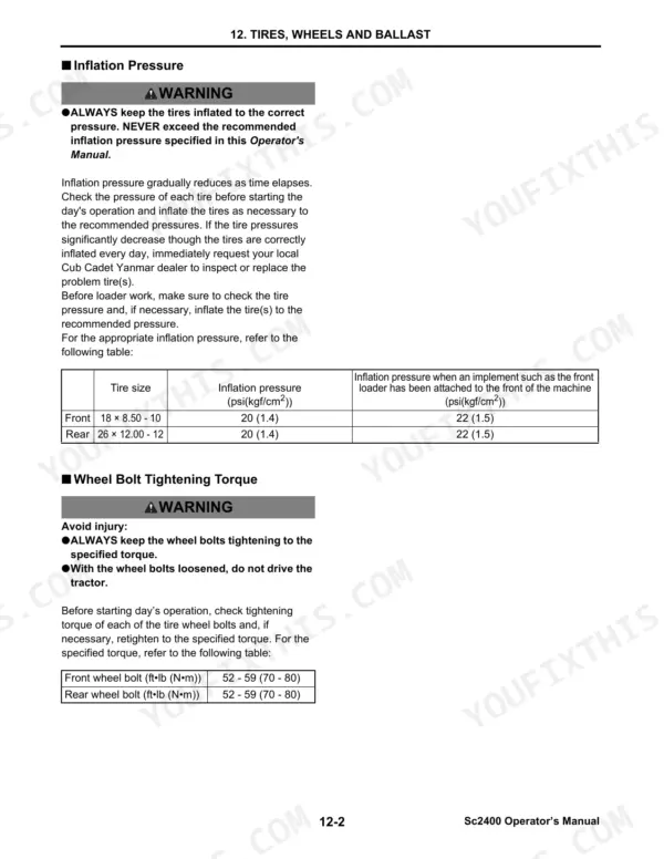 Cub Cadet Yanmar Sc2400 tire inflation pressure table and wheel bolt tightening torque specifications.