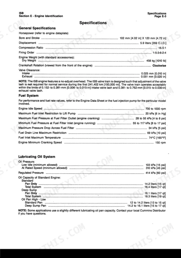 Cummins ISB, QSB5.9, ISB Engines, QSB5.9 Engines general, fuel, and lubricating oil system specifications table.