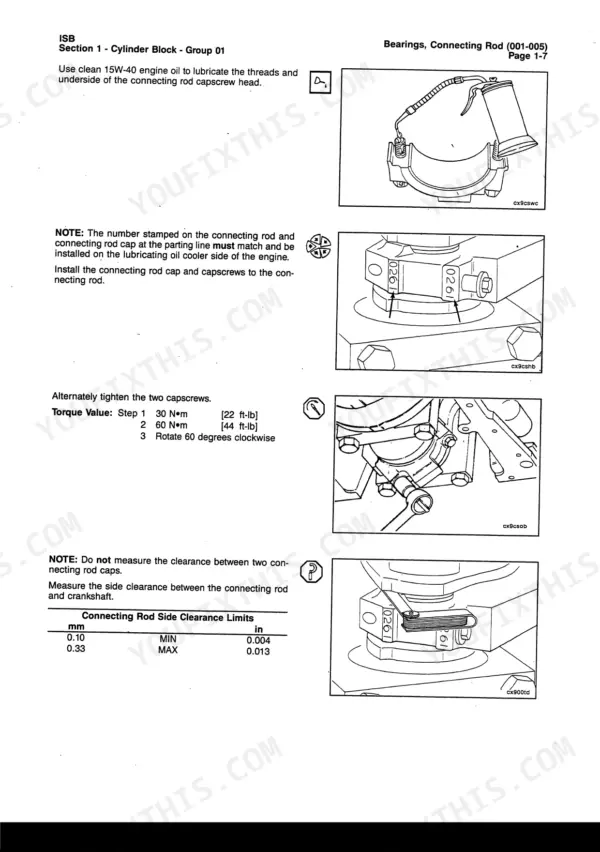Cummins ISB, QSB5.9, ISB Engines, QSB5.9 Engines connecting rod bearing installation, torque specs, and side clearance table.