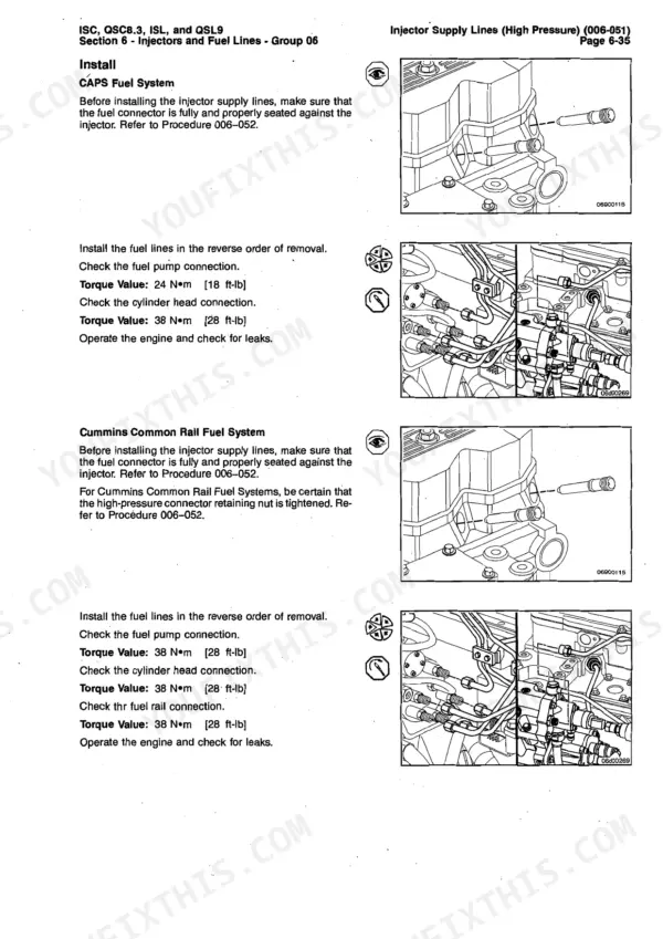 Cummins ISC, QSC8.3, ISL, QSL9 injector supply line installation, torque values, and fuel system diagrams.