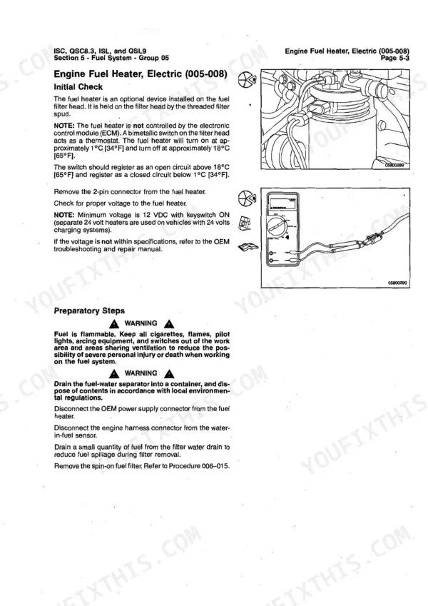 Cummins ISC, QSC8.3, ISL, QSL9 electric fuel heater testing procedure, voltage check diagram, and safety warnings.