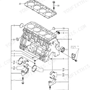 Yanmar 4TNE88 exploded view diagram of the engine cylinder block and main bearings.