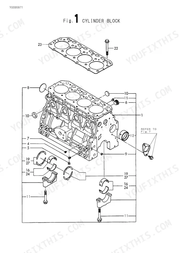 d02b645a-b-exploded-view-3 Yanmar 4TNE88 exploded view diagram of the engine cylinder block and main bearings.