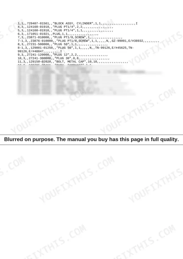 Yanmar 4TNE88 parts list for cylinder block assembly, plugs, bearings, and studs.