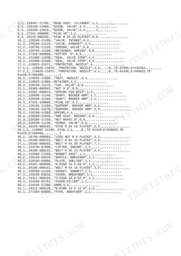 Yanmar 4TNE88 parts list for cylinder head, valve train, and rocker arm components.