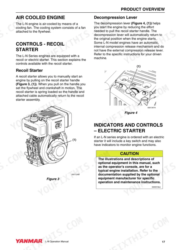 Yanmar L48N, L70N, L100N operation manual showing recoil starter, decompression lever diagrams, and engine controls.