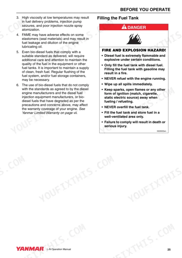 Yanmar L48N, L70N, L100N operation manual page on fuel tank safety, bio-diesel precautions, and fire hazard warnings.