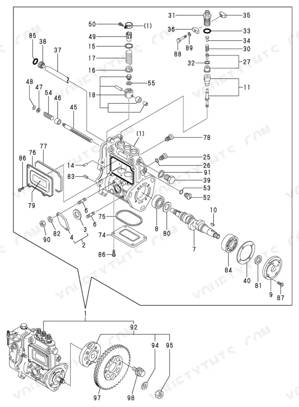 Yanmar 3TNE82A-EBVC fuel injection pump exploded view showing internal components, camshaft, and drive gear assembly.