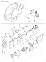 d31eaa08-b-exploded-view-29 Yanmar 3TNE82A-EBVC exploded view diagram of the starter motor assembly and flywheel housing components.