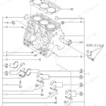 Yanmar 3TNE82A-EBVC exploded view of cylinder block, main bearings, and head gasket assembly components.