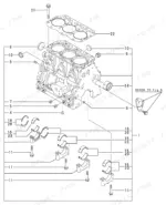 d31eaa08-b-exploded-view-3 Yanmar 3TNE82A-EBVC exploded view of cylinder block, main bearings, and head gasket assembly components.