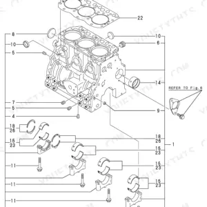 Yanmar 3TNE82A-EBVC exploded view of cylinder block, main bearings, and head gasket assembly components.