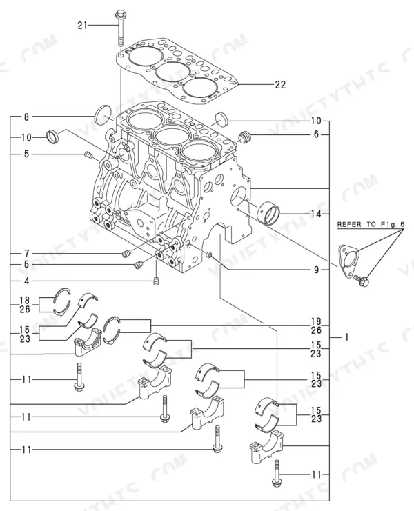 d31eaa08-b-exploded-view-3 Yanmar 3TNE82A-EBVC exploded view of cylinder block, main bearings, and head gasket assembly components.