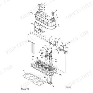 Yanmar B55W-2 exploded view diagram of 4-valve cylinder head components including valves, springs, and rocker arms.